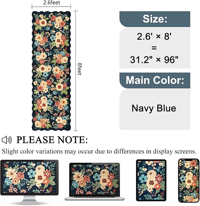 DUKINO 2.6x8 Runner Rug for Hallway, Washable Kitchen Rug with Non Slip Backing & Non-Shediing, Soft Low Pile Floral Design Runner for Bedroom, Kithchen, Living Room, Laundry, Bathroom, Navy Blue