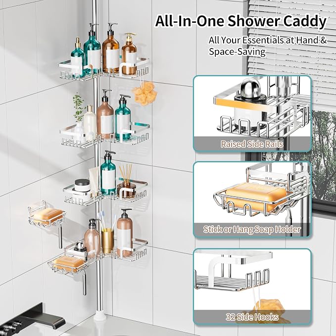 KEGII Shower Caddy Tension Pole – Corner Rustproof Bathroom Organizer with Soap Holder & Hooks, No-Drill Adjustable Shower Shelf for Renters for Families & Renters, 25-114.2 Inch, Silver