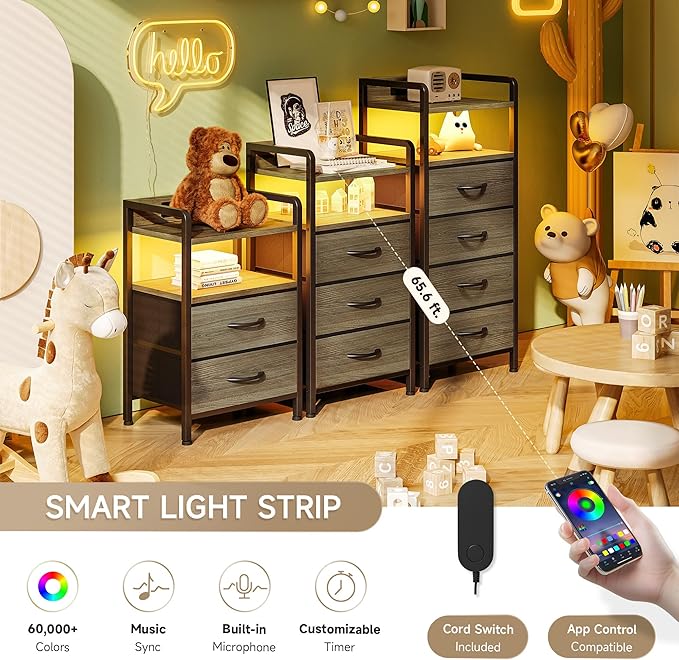 Lazzanto Night Stand with Charger Station - Grey Nightstand with LED Light Strip, Morden Bedside Table with USB Ports & AC Outlets, End Table with Storage Shelf & 3 Fabric Drawers