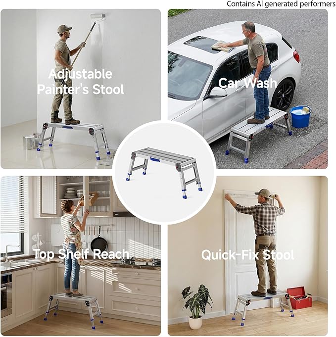 Loyoda Work Platform for Adults, Aluminum Foldable Long Step Stool Adjustable Height, Lightweight and Durable Portable Outdoor Aluminum Step Ladder, Maximum Load Capacity of 800 Pounds.