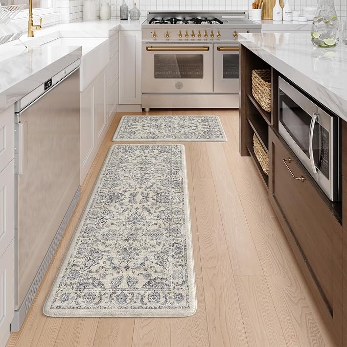 KIMODE Kitchen Anti Fatigue Mat,Ergonomic Standing Kitchen Rugs Sets of 2,Boho Kitchen Rug Stain Resistant,Non Slip Waterproof Kitchen Sink Rug,Blue 20"x47"+20"x32"