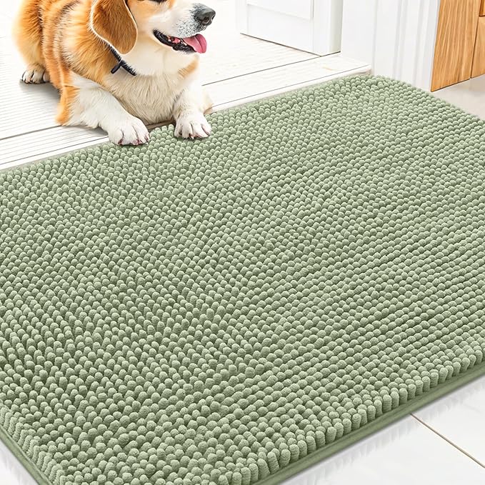 Smiry Dog Door Mat for Muddy Paws 30x20, Absorbent Dirt Trapper, Non-Slip Washable Chenille Entryway Rug for Inside Floor, Sage Green, Classic Solid