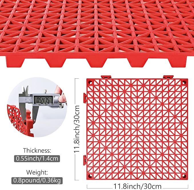ToLanbbt Modular Interlocking Cushion 12P 11.8" x 11.8" Interlocking Rubber Floor Drain Holes Non-Slip Splicing Drainage Mats for Deck, Shower, Kitchen, Drain Pool, Sauna Bath, Indoor Outdoor (Red)