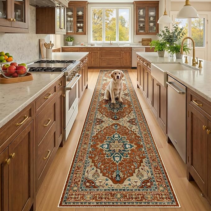 RELEANY Area Rugs Runner 2'x10' Washable Non-Slip, Floral Vintage Distress Medallion Carpet for Kitchen Hallway Bedroom Beside Laundry Room Bathroom, Red Orange Blue Brown