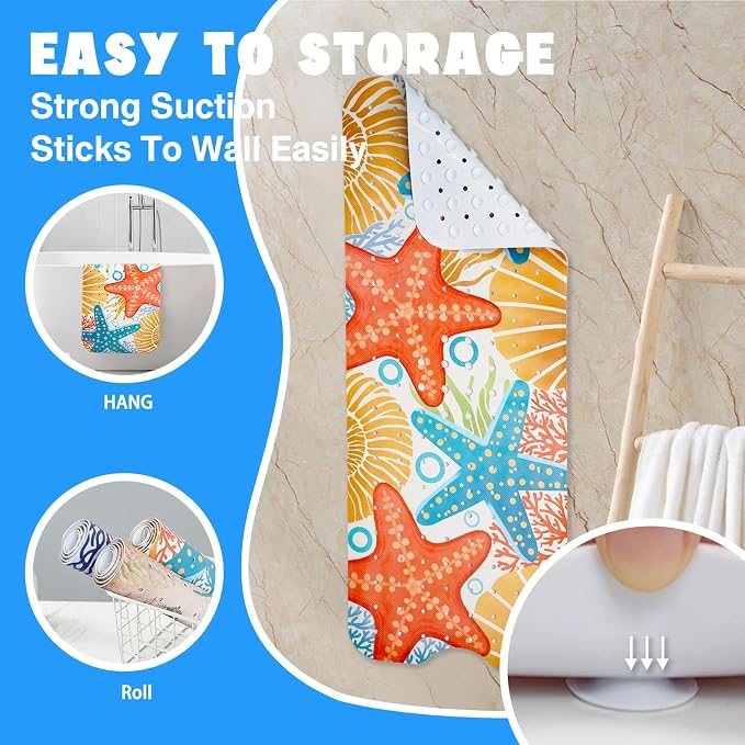 Ocean Bathtub Mat Non Slip, Cute Baby Bath Mat for Tub Rubber Tub Mat, Starfish Seashells Toddler Kids Bath Mats for Bathroom Anti Slip Shower Mat with Suction and Drain Holes Machine Washable,40″x16″