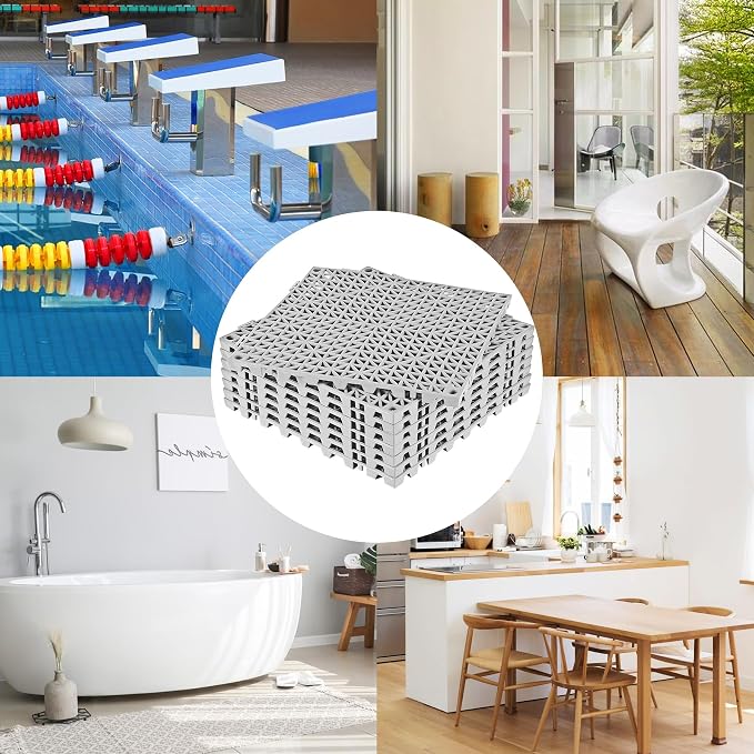 ToLanbbt Modular Interlocking Cushion 8P 11.8" x 11.8" Interlocking Rubber Floor Drain Holes Non-Slip Splicing Drainage Mats for Deck, Shower, Kitchen, Drain Pool, Sauna Bath, Indoor Outdoor (Grey)