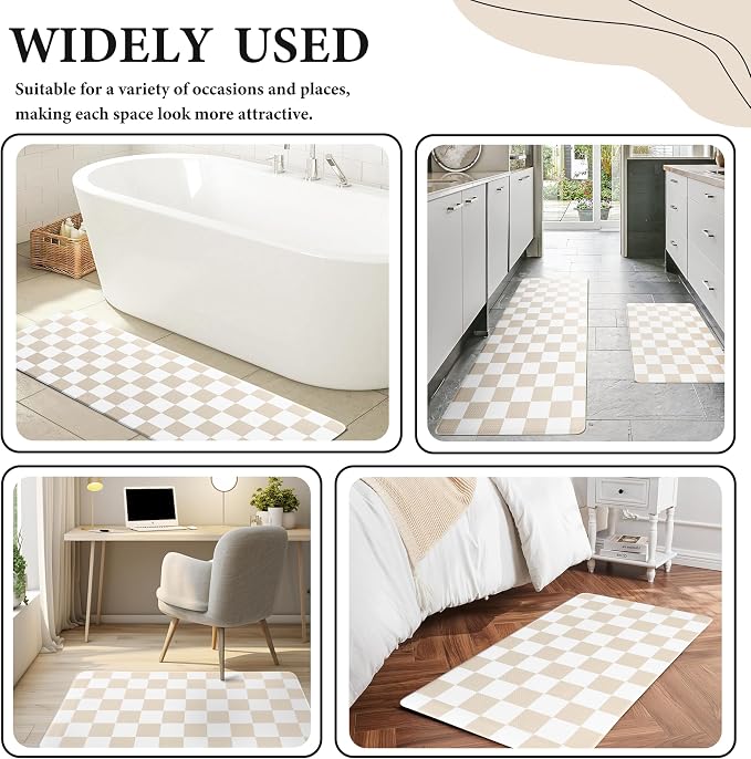 Cream Checkered Grid Checkerboard Kitchen Rug Sets [2 PCs], Anti-Fatigue, Waterproof Non-Slip Kitchen Mats Heavy Duty Ergonomic Comfort Foam Rug for Floor, Home, Laundry,17"x29"+17"x47"
