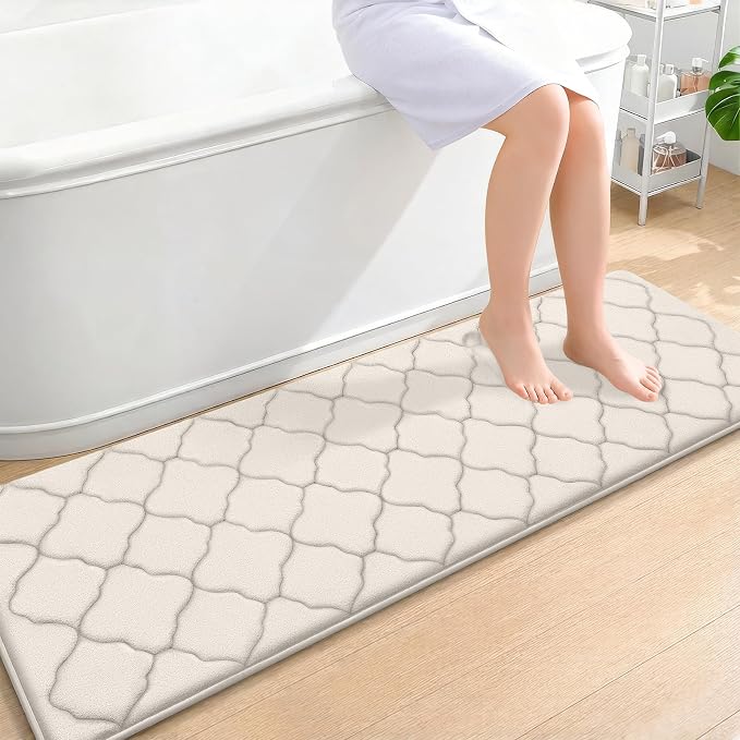 OLANLY Memory Foam Bath Mat Rug 59x20, Ultra Soft and Absorbent Bathroom Rugs, Non-Slip, Comfortable, Machine Washable Bath Carpet for Bathroom Floor, Tub, Shower and Home Decor Accessories, Ivory