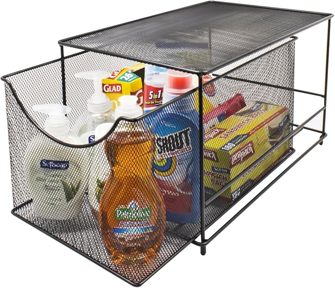 Sorbus® Cabinet Organizer Drawers— Mesh Storage Organizer with Pull Out Drawers—Ideal for Countertop, Cabinet, Pantry, Under the Sink, Desktop and More (Black Bottom Drawer)
