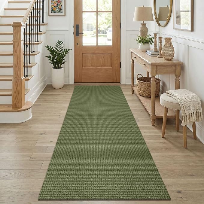 KOZYFLY Cotton Runners for Hallway 2.5'x8', Washable Runner Rug, Woven Non Slip Kitchen Runner, Braided Entryway Rug, Floor Carpet for Foyer, Bedroom, Hall, Olive Green/Earthy Green