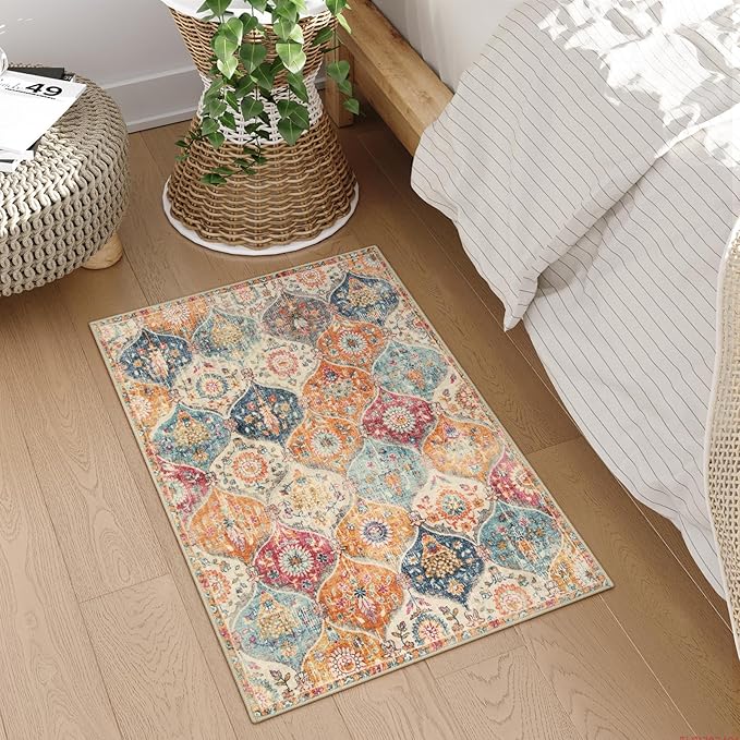 Lahome Moroccan Trellis Washable Rug, 2x3 Kitchen Rugs for Entryway Bathroom, Non-Slip Indoor Door Mat Ultra-Thin, Small Oriental Throw Carpet for Bedroom Entry Elise, Cream/Multi