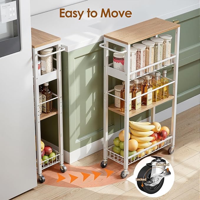 Slim Storage Rolling Cart, 4 Tier Narrow Cart with Wheels, Metal Kitchen Rolling Cart for Small Spaces, Slide Out Storage Shelves for Kitchen, Laundry Room, Bathroom, Living Room, 7.1in(W)