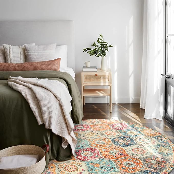 Lahome Moroccan Washable Round Area Rug, Soft Round Rugs 6ft Ultra-Thin Non-Slip, Vintage Distressed Large Circle Carpet for Bedroom Living Room Kitchen Nursery Elise, Burnt Orange