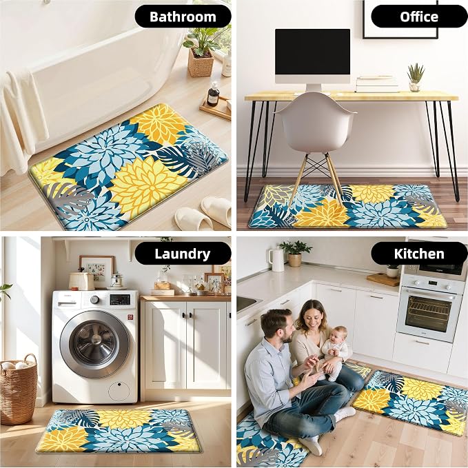 Arenarug Kitchen Mats for Floor 2PCS Cushioned Anti Fatigue Kitchen Mats Waterproof Non Slip Kitchen Rug Set Foam Standing Mat for Sink, Laundry, Office, 17.3" x 28" + 17.3" x 59", Yellow Teal