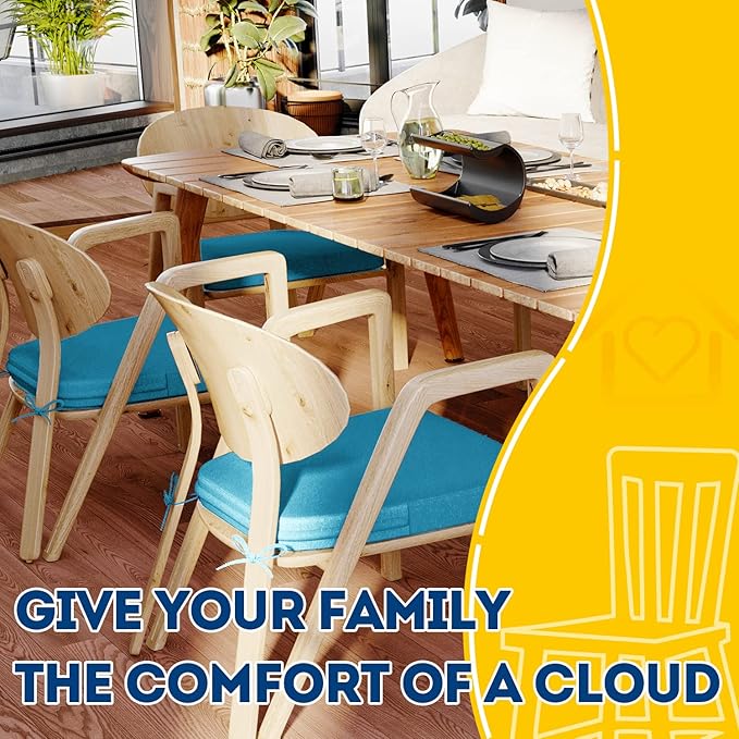 AAAAAcessories D-Shaped Chair Cushions, 2" Thick Dining Chair Pads with Ties and Removable, Machine-Washable Cover, 17" x 16", Set of 4, Teal