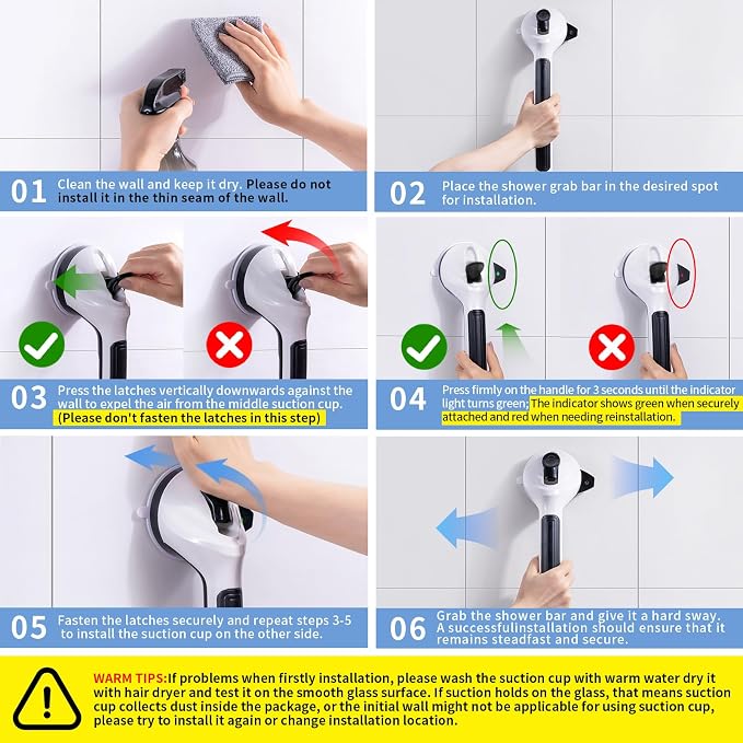 Shower Grab Bars for Seniors 2 Pack,16.8" Suction Shower Handle with Safety Indicator, No-Drill Bathroom Safety Rails for Elderly, Bathtub & Tile/Glass (Black)