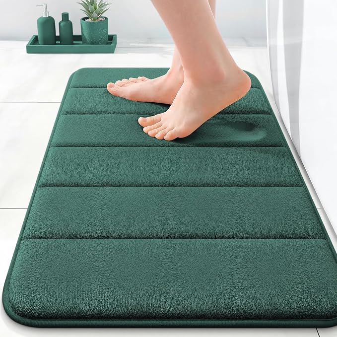 OLANLY Memory Foam Bath Mat 35x16, Super Soft Absorbent Bathroom Rugs, Quick Dry, Machine Washable Shower Floor Rugs, Bathmat Carpet, Bathroom Home Decor Accessories, Blackish Green