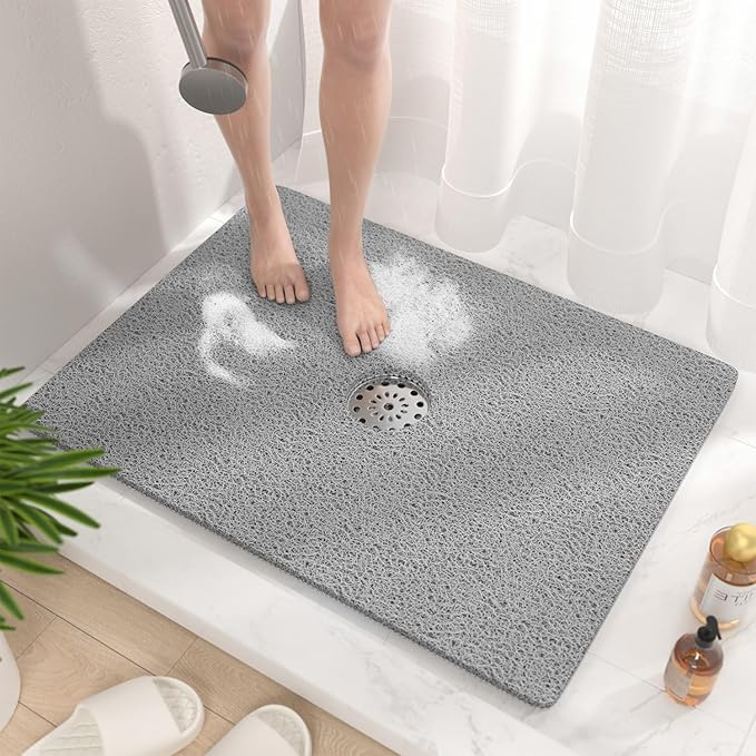 HITSLAM Shower Mat, 32 x 24 Inch Non Slip Bath Mat for Tub, Soft PVC Loofah Bathtub Mats with Drain Holes, Quick Drying Bathroom Stall Floor Mat, Bathroom Accessories Without Suction Cup, Grey