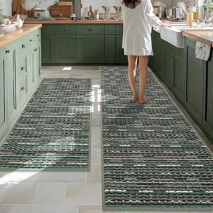 Kitchen Rugs Sets of 2-Non Slip Kitchen Mats for Floor-Thick Stain Resistant Vintage Kitchen Floor Mat Runner Carpet for Hallways Entryway Laundry Room Washable（Green 24"x70"+20"x47"）