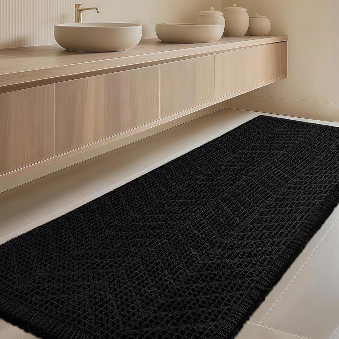 IM HOME Extra Large Waffle Bath Mat, Boho Bathroom Rugs Absorbent Non Slip, Ultra Soft Bathroom Mat, Machine Washable Knit Bath Rugs with Herringbones for Bathroom, Bedroom, Kitchen, 5'x2', Black