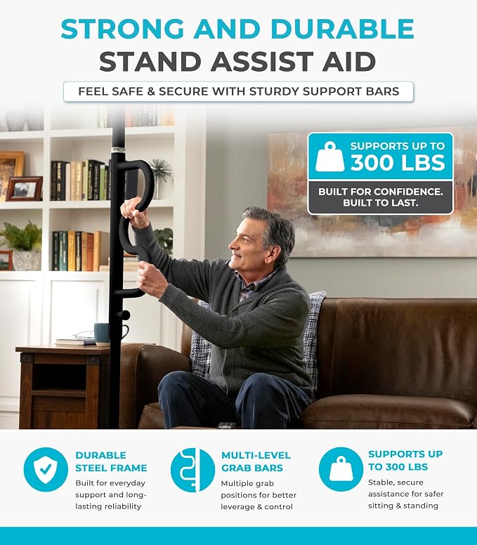 Stander Wonder Pole Plus with Rotating Double Grab Bar, Tension Mounted Security Pole for Seniors & Elderly Adults, No-Drill Floor to Ceiling Transfer Pole for Home & Bath Safety, Black
