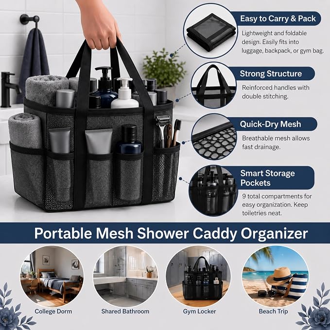Hosuly 3-in-1 Travel Gym Dorm Shower Kit, Mesh Shower Caddy with 2 Quick Dry Towels and Non-slip Shoes, College Bathroom Essentials for Camping, Hotel and Workout(Gray and Black,10.5–11 Men(eu 44-45))