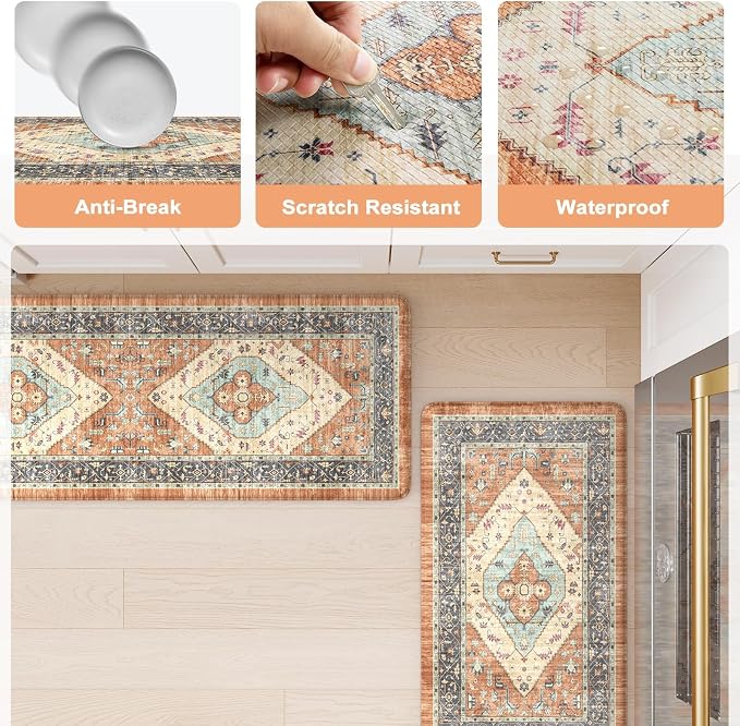 KIMODE Anti Fatigue Kitchen Mats for Floor, Boho Vintage Kitchen Rugs Sets of 2, Cushioned Kitchen Floor Mats Non Slip, Comfort Rugs for Kitchen Floor Sink Laundry Desk Orange 17.3"x29"+17.3"x59"