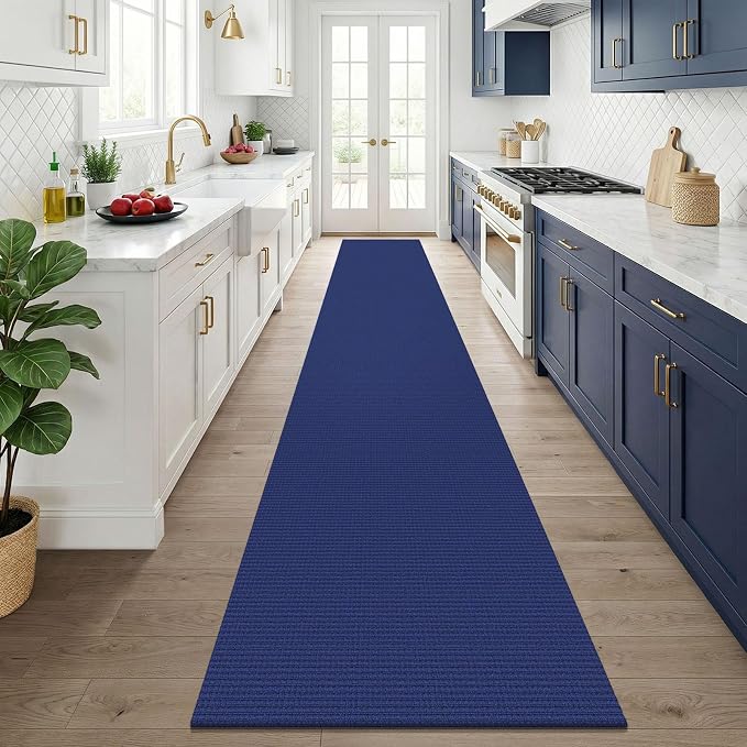 KOZYFLY Cotton 2.5'x14' Runners Rugs for Hallway, Long Washable Runner Rug, Woven Non Slip Kitchen Runner, Flatweave Entryway Rug, Floor Carpet for Entry, Aisle, Hall, Royal Blue/Navy