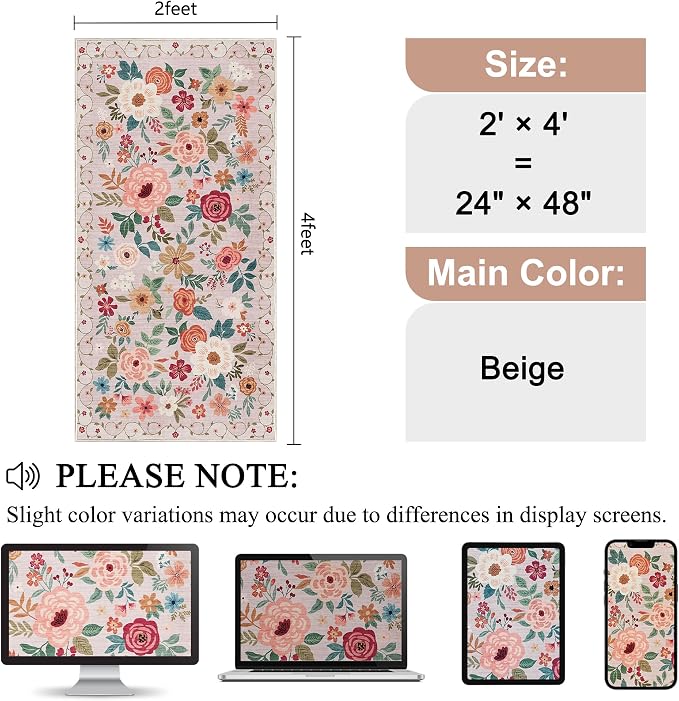 DUKINO 2x4 Rug for Entryway, Washable Kitchen Floral Runner Rug with Non Slip Backing, Low Pile Soft Boho Carpet for Kitchen, Hallway, Entryway, Laundry, Bedroom, Beige