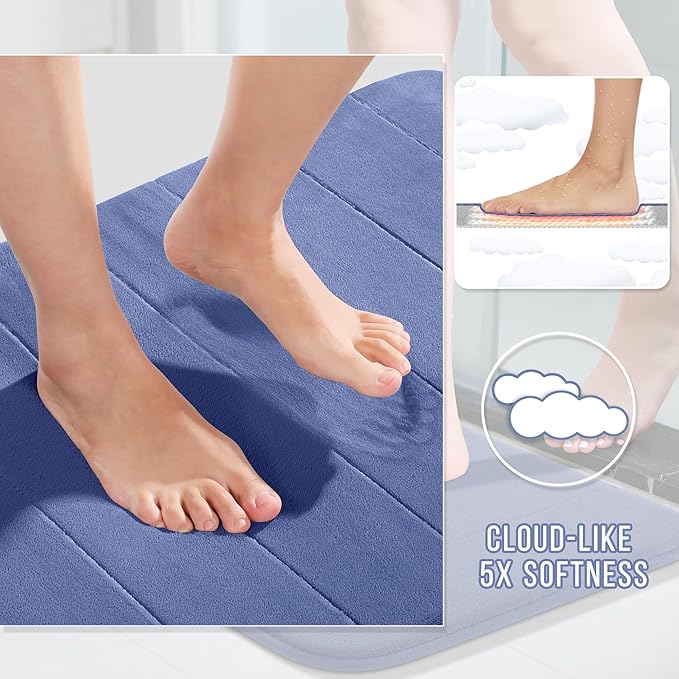 Yimobra 3 Pieces Memory Foam Bath Mat Set with U-Shaped Toilet Rug - Non Slip Super Soft Absorbent Quick Dry Bathroom Rugs for Bathtub, Vanity & Toilet Base, Navy Blue