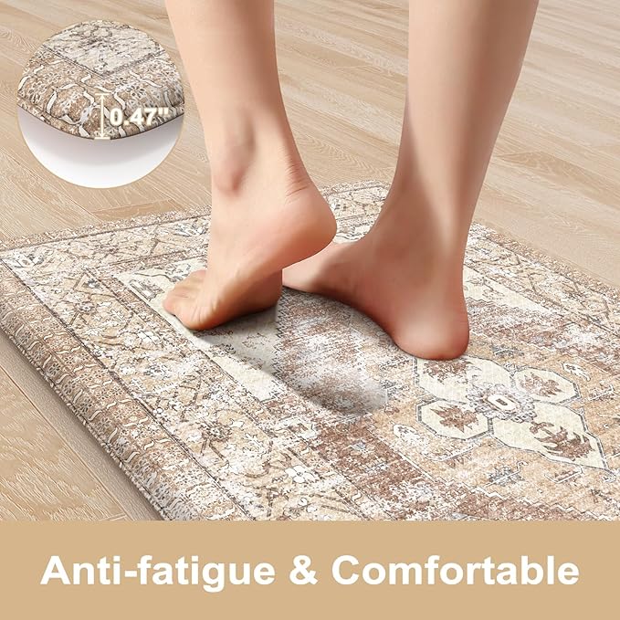 KIMODE Kitchen Mats Cushioned Anti Fatigue, 20"x39" Farmhouse Kitchen Rug, Non Slip Kitchen Mats for Floor, Padded Kitchen Floor Mats, Standing Desk Mat for Sink, Laundry, Desk Khaki