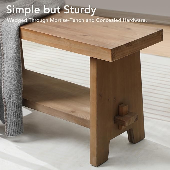 HOKYHOKY Solid Wood Entryway Bench - 31.5" Farmhouse Small Storage Bench, Rustic Narrow Bench Seat for Indoor, Entryway, Dining Room, Living Room and Hallway, Brown