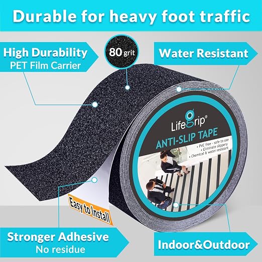 Lifegrip Anti Slip Tape, 3 Inch x 25 Foot Non-Slip Traction Grip Tape for Stairs, Waterproof Stair Treads Grip Non Slip, Non Skid Tape for Steps, Outdoor Black Grip Tape (3" X 25')