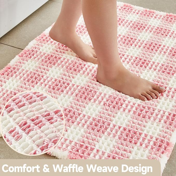 TYUU Waffle Bath Mat, Boho Bathroom Rugs Non Slip Washable Absorbent Checkered Bathroom Mat Quick Dry Cute Bath Mat, 30"x20" Pink and White