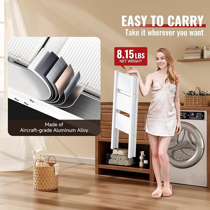 3 Step Ladder, Aluminum Folding Step Stool with Anti-Slip Sturdy and Wide Pedal, Lightweight Portable Stepladder for Home and Kitchen Use Space Saving, Cream White, 330 lbs