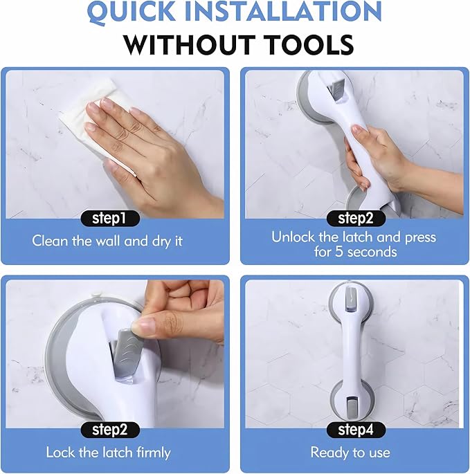 2 Pack Grab Bars for Shower and Bathtub - Heavy Duty Suction Shower Grab Bar for Seniors & Elderly - 12 Inch Suction Cup Safety Handle Removable Bath Handrails (No Drill Bathroom Safety Bars), Grey