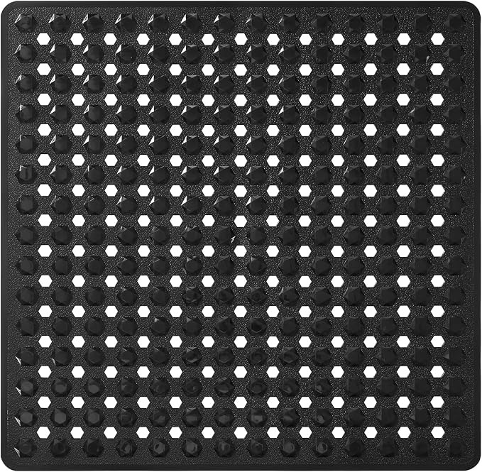 Yimobra Square Shower Floor Mat Non Slip, 21"X21" Machine Washable Bath Tub Mat, Soft on Feet, Bathmat with Drain Holes and Suction Cups, Fast Draining, Black