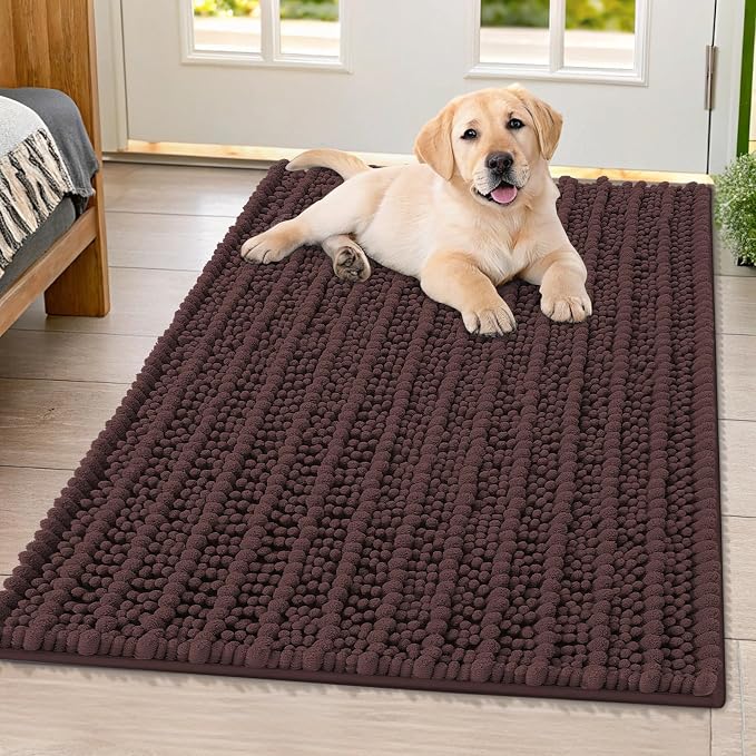 Smiry Dog Door Mat for Muddy Paws 40x32, Absorbent Dirt Trapper, Non-Slip Washable Chenille Entryway Rug for Inside Floor, Brown, Layered Pattern