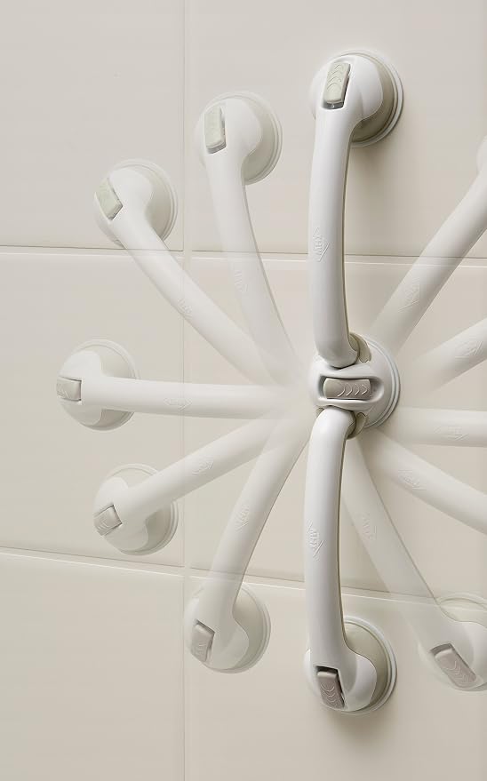 Safe-er-Grip Changing Lifestyles Swivel Suction Grab Bar, No-Tool No-Drill Bathroom Assist Handle for Shower & Bathtub, 180° Rotating Grip, 28 Inch, White/Gray