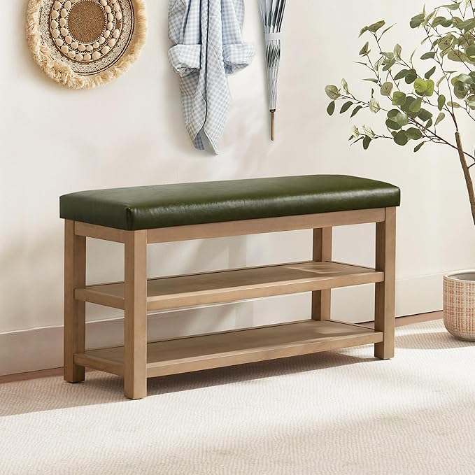 Zihanhome Shoe Rack Bench with Leather Cushion, 2 Tier Solid Wood Storage Bench, Mid-Century Modern Shoe Bench for Entryway, Hallway, Closet, Front Door Entrance, Foyer (Green, 39.4")