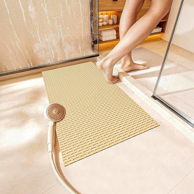 Extra Large Non-Slip Shower Mat, Fast-Dry PVC Bath Stall & Tub Mat, Drain-Hole Design,for Shower Stall Tub for Elderly/Kids，Non Slip Bathroom Safety Accessory，Beige 16"x24"
