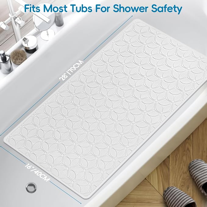 Bathtub Mat Non Slip with Suction Cups - 100% Rubber Bathroom Mat Textured for Bath Tub Shower Safety - Soft on Touch - BPA/PVC Free - Pet Dog Bath Mat - Machine Washable - 16 × 28 Inch（White）