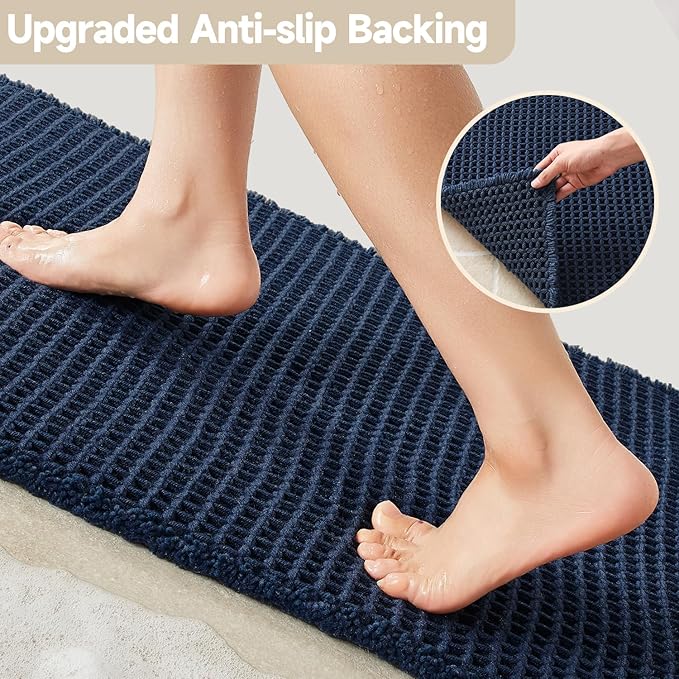 TYUU Waffle Bath Mat, Boho Bathroom Rugs Non Slip Washable Super Absorbent Quick Dry Bath Mat Farmhouse Bathroom Decor, 36"x24" Navy Blue