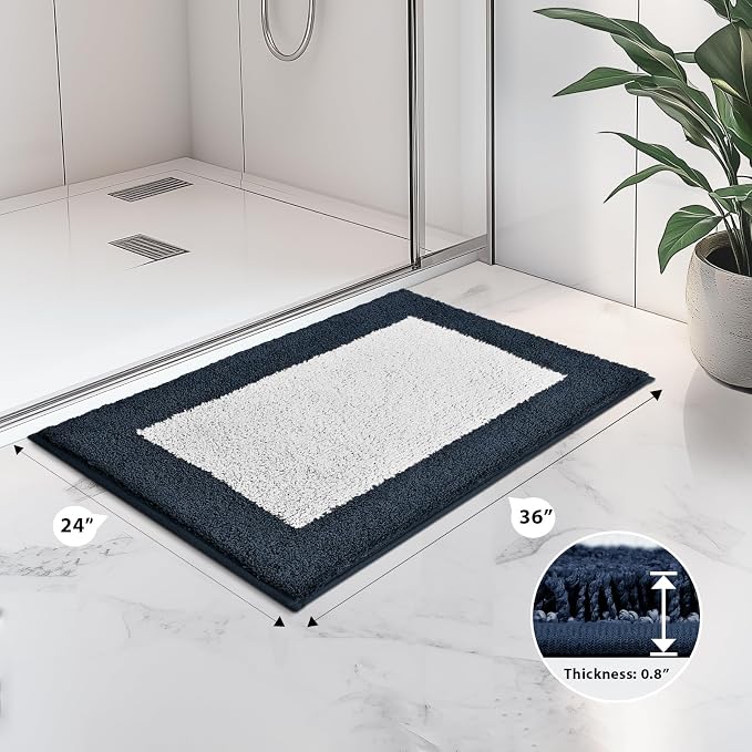anllugs Bathroom Rugs 24" x 36", Non-Slip Extra Soft Absorbent Bath Rugs, Machine Washable Quick Dry Bath Mats for Bathroom Floor, Shower, Bathtub and Sink, Navy Blue & White