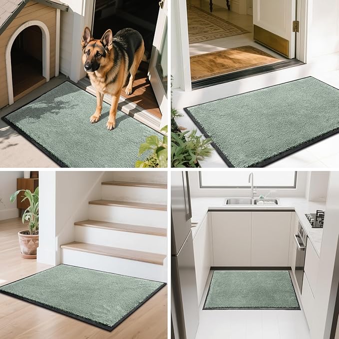Mibao Front Door Mat Indoor Entrance, 29.5" x 17", Dirt Trapper Welcome Mat for Outdoor Indoor, Non-Slip Waterproof Doormat, Durable Machine Washable Low Profile Entry Rug for Back Door Outside,Green