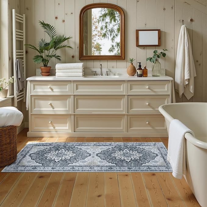 RELEANY Area Rugs Runner 2'x6' Washable Non-Slip, Floral Vintage Distress Medallion Carpet for Kitchen Hallway Bedroom Beside Laundry Room Bathroom, Light Gray Grey White