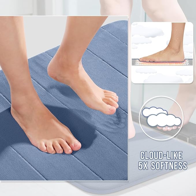 Yimobra Memory Foam Bath Mat Set 2 Piece - Super Soft Absorbent Quick Dry Bathroom Toilet Rugs, Machine Washable Non Slip Floor Carpet for Tub Shower & Single Sink (31.5x20 & 24x20, Denim Blue)