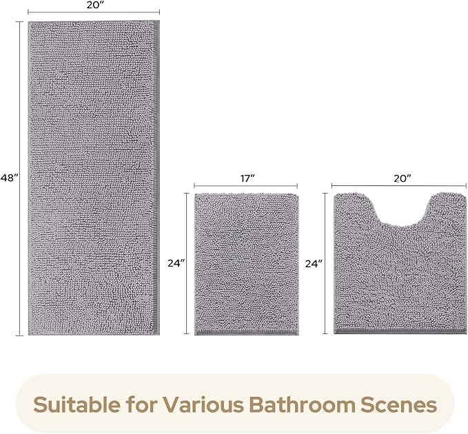 HOMEIDEAS 3 Pieces Bathroom Rugs, Extra Large Ultra Soft Non Slip Absorbent Chenille Toilet Bath Mat Set (Grey)