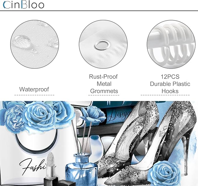 Girly Blue Shower Curtain 60Wx72H Silver Fashion Shower Curtain Women Girls Gray Teal Flower Perfume Bathroom Curtain Set High Heels Magazine Books Floral Bathroom Decor Fabric with 12 Hooks