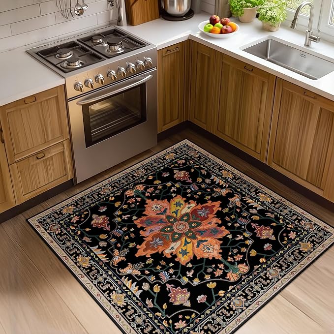 RELEANY Area Rugs Square 4ft Washable Non-Slip, Floral Vintage Distress Medallion Carpet for Living Room Bedroom Dining Room, Black Colorful Floral Dark Tan